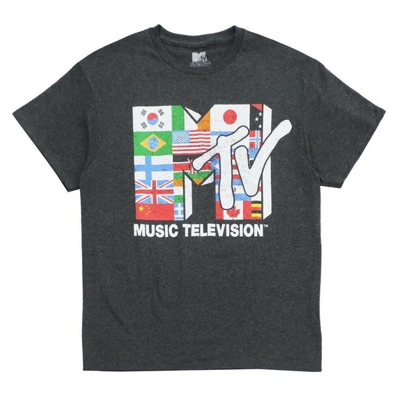 MTV Music Television Men's Officially Licensed Retro Tee T-Shirt - Grey MTV Flag - Picture 1 of 1
